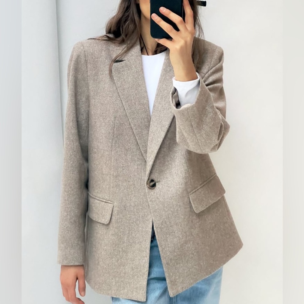 Zara Herringbone Wool Blazer - Picture 1 of 16